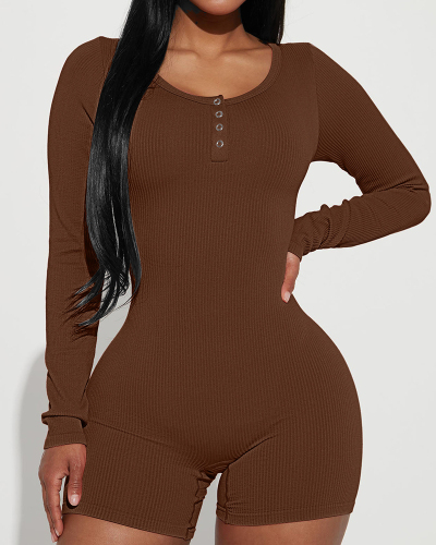 Long Sleeve Sprint New Button Neck Women Casual Rompers Black Pink Light Blue Apricot Brown S-2XL