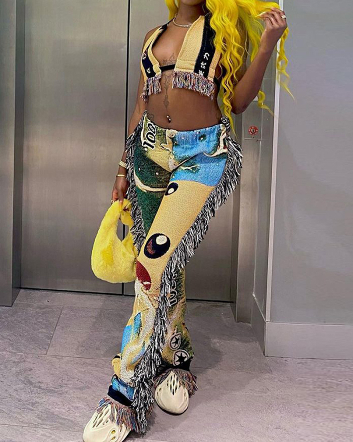 Fashion Women Printed Sleeveless V-neck Tassel Stylish Pants Sets Two Pieces Outfit Pink Yellow Blue S-2XL