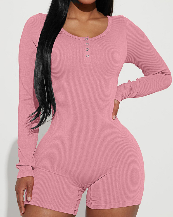 Long Sleeve Sprint New Button Neck Women Casual Rompers Black Pink Light Blue Apricot Brown S-2XL