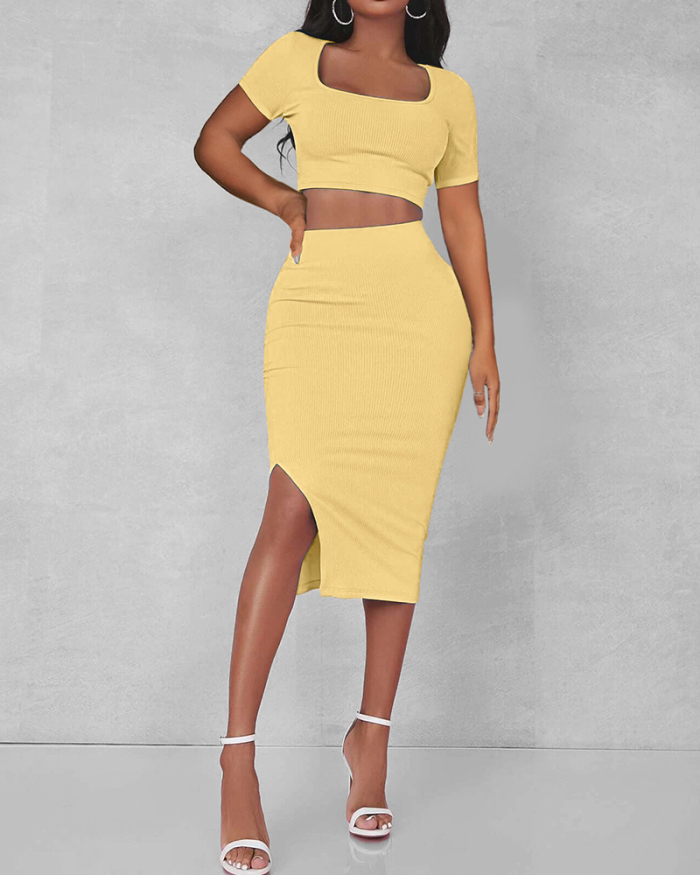 Women Short Sleeve Square Neck Side Slit Skirt Sets Two Pieces Outfit Black Yellow Green Pink Light Blue S-2XL