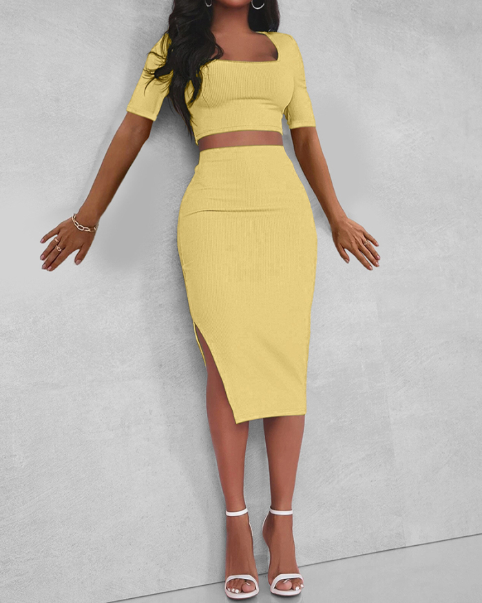 Women Short Sleeve Square Neck Side Slit Skirt Sets Two Pieces Outfit Black Yellow Green Pink Light Blue S-2XL