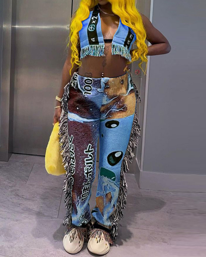 Fashion Women Printed Sleeveless V-neck Tassel Stylish Pants Sets Two Pieces Outfit Pink Yellow Blue S-2XL
