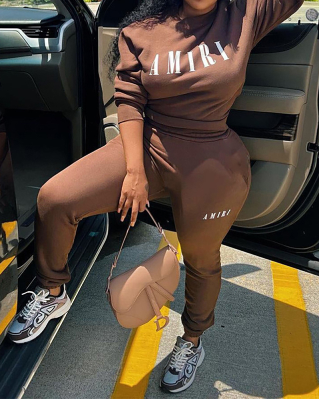 Women Fashion Long Sleeve Pullover Crew Neck Casual Two Piece Outfits Black Gray Orange Khaki Deep Green Rosy Brown S-5XL