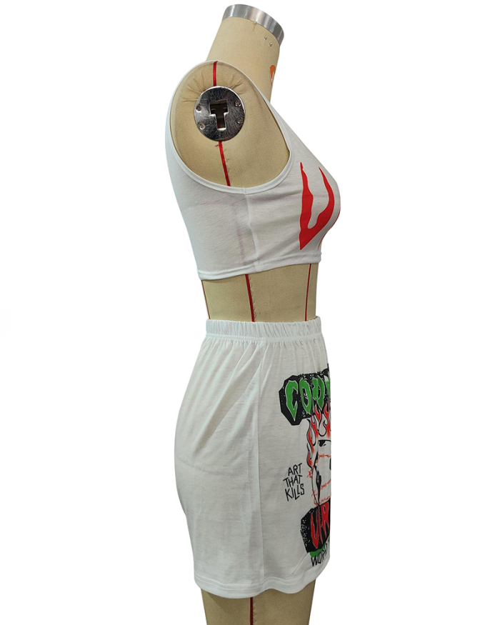Women Graffiti Crop Vest Short Sets Two Pieces Outfit White S-2XL