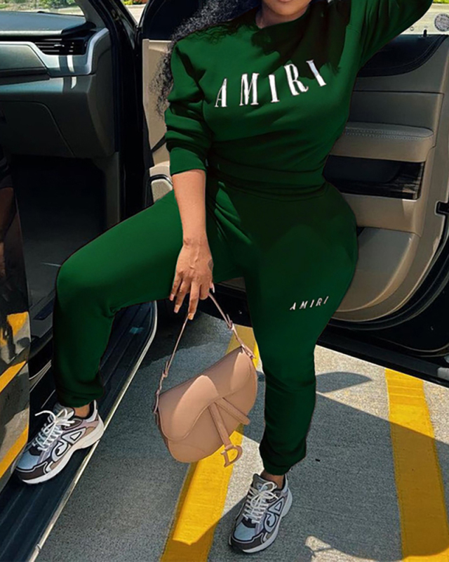 Women Fashion Long Sleeve Pullover Crew Neck Casual Two Piece Outfits Black Gray Orange Khaki Deep Green Rosy Brown S-5XL