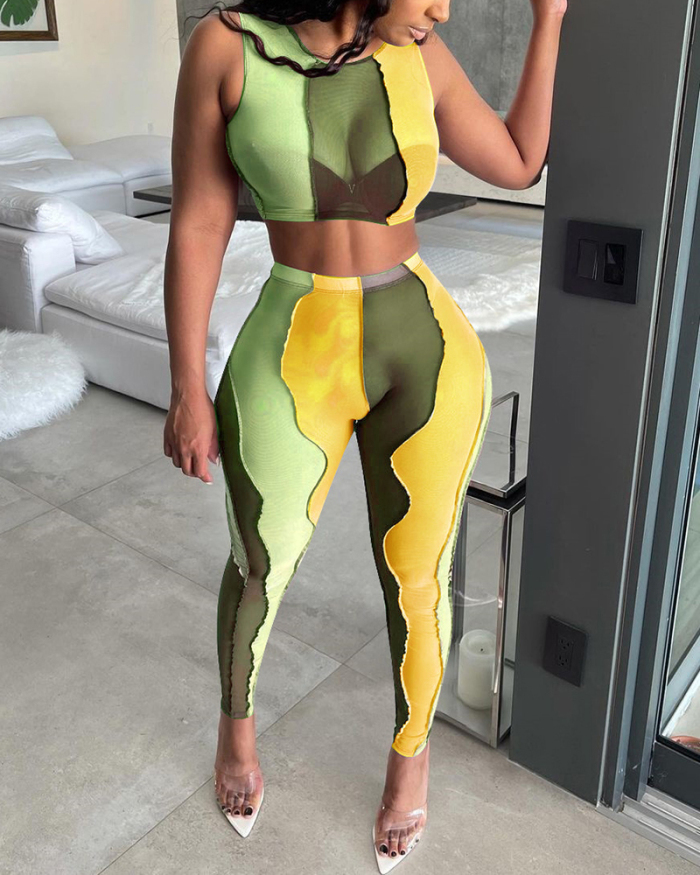 Women Mesh Sleeveless Crop Top Slim Pants Sets Two Pieces Outfit Black Yellow Purple Green S-2XL