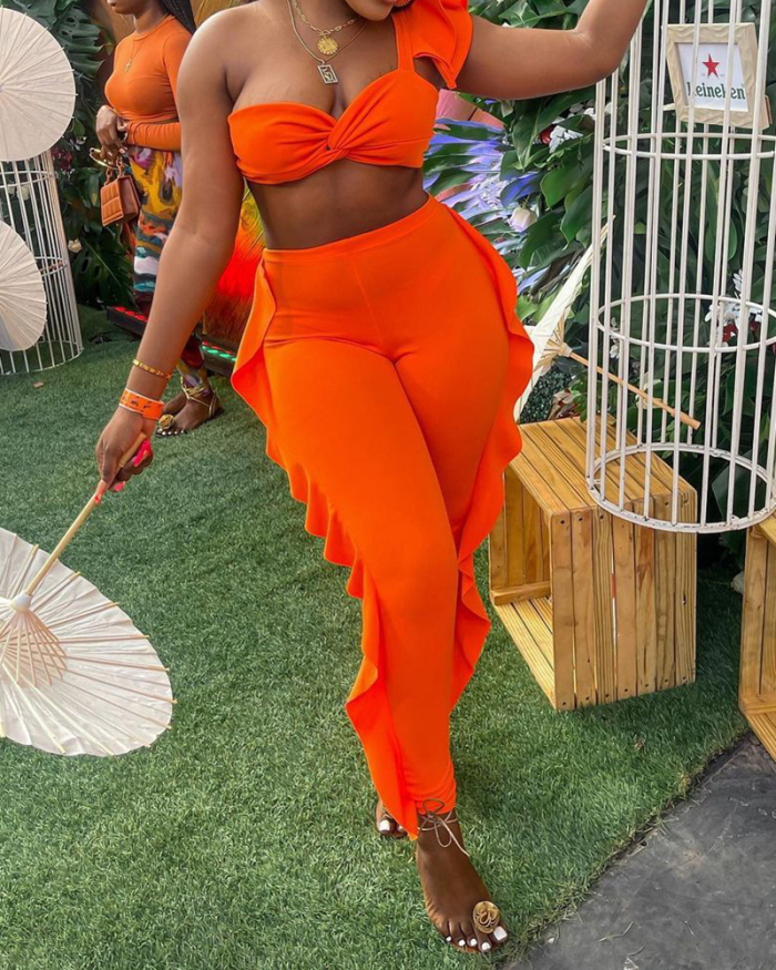Women Fashion One Shoulder Ruffles Two Pieces Set Orange Black S-XL