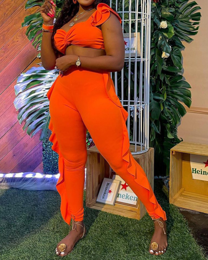 Women Fashion One Shoulder Ruffles Two Pieces Set Orange Black S-XL
