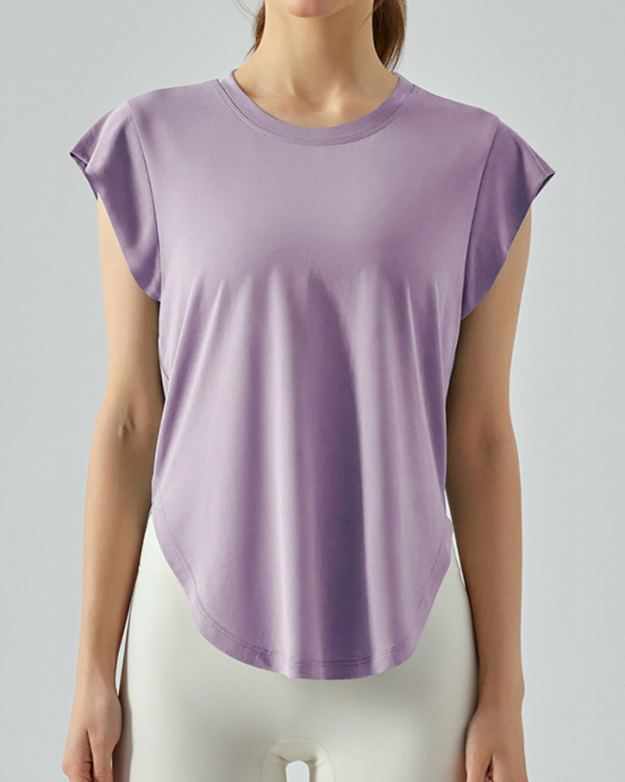 Women Ruffles Short Sleeve O Neck Iregular Quick Dry Sports Top Blue White Purple Green S-XL