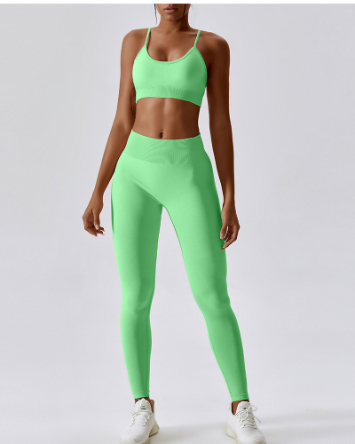 Women Cross Back Rib Hem Sport Bra Elongate Legs Yoga Two-piece Set Black Beige Green Pink Light Coffee Brown XS-XL