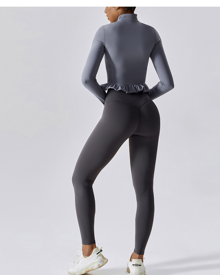 Women Sports Ruffles Zipper Slim Running Outside Wear Active Coat Black Blue Gray Brown S-L