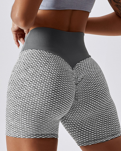 Popular Bubble Shape High Waist Tight Ruched Hip Fitness Shorts Black Gray Grid Blue Green S-L