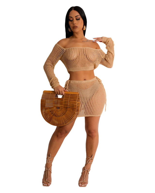 Fishnet Women Wholesale Summer Beach Two Piece Skirt Set