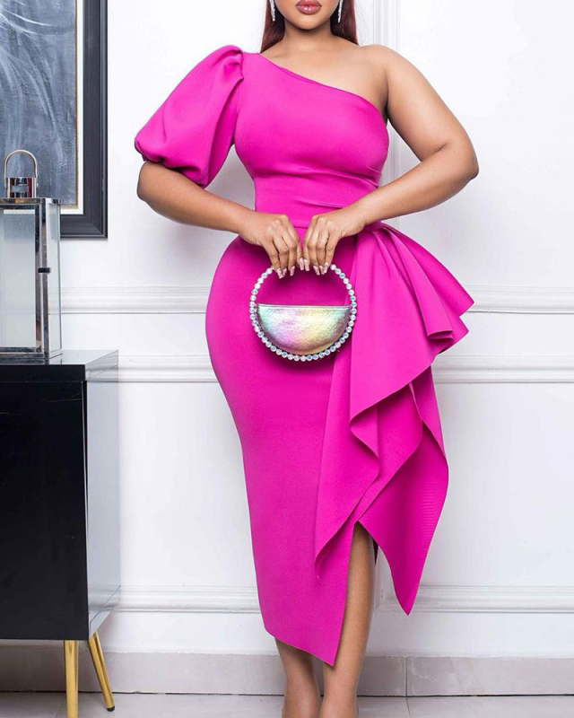 Newest Women One Sleeve Diagonal Neck Slit Peplum Dress Plus Size Dress White Yellow Red Rosy S-3XL