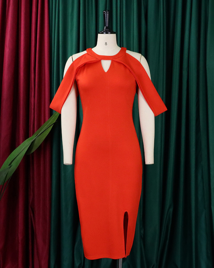 New Elegant Hollow Out Shoulder Slim Women Plus Size Dress Green Pink Orange Red S-3XL