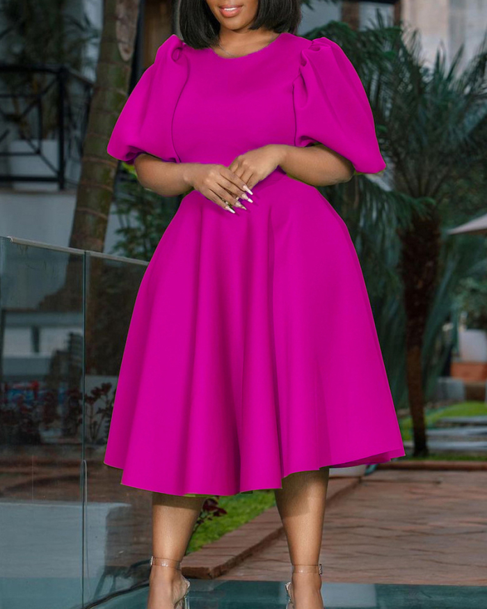Elegant Short Puff Sleeve A-line Plus Size Dresses Green Rosy Pink Orange Black White S-3XL