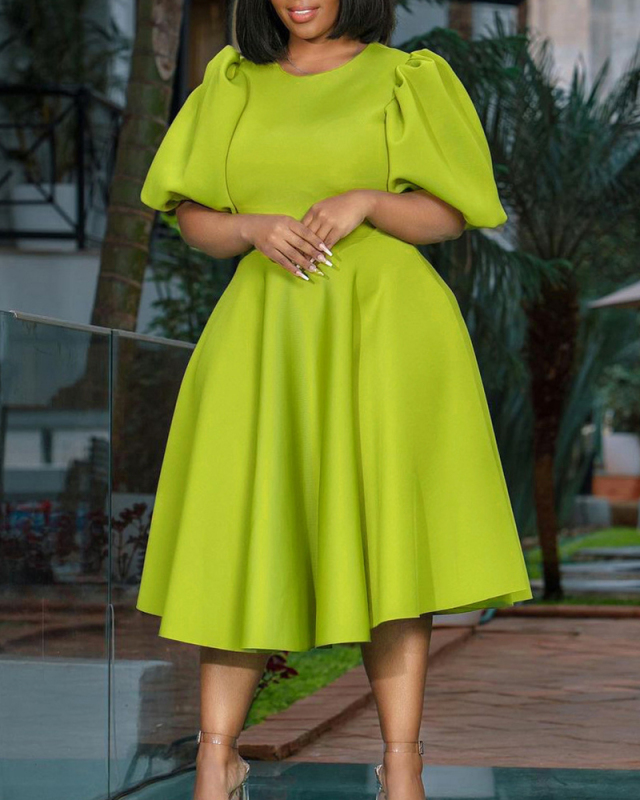 Elegant Short Puff Sleeve A-line Plus Size Dresses Green Rosy Pink Orange Black White S-3XL