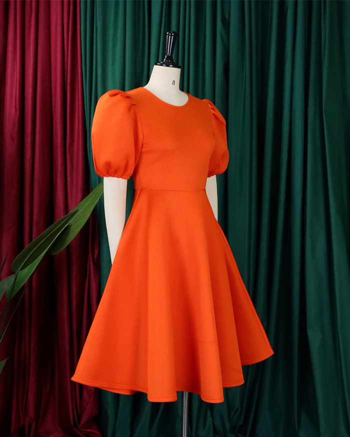 Elegant Short Puff Sleeve A-line Plus Size Dresses Green Rosy Pink Orange Black White S-3XL