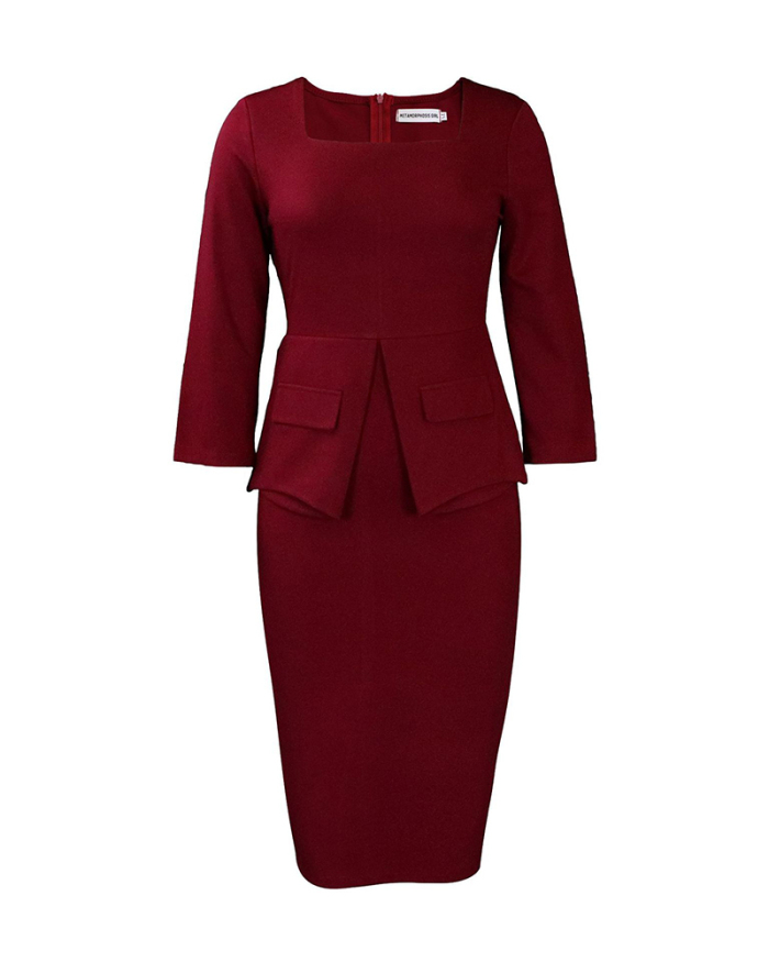 Elegant Women Solid Color Square Neck Long Sleeve Peplum Plus Size Dresses Wine Red Blue Rosy Green S-3XL