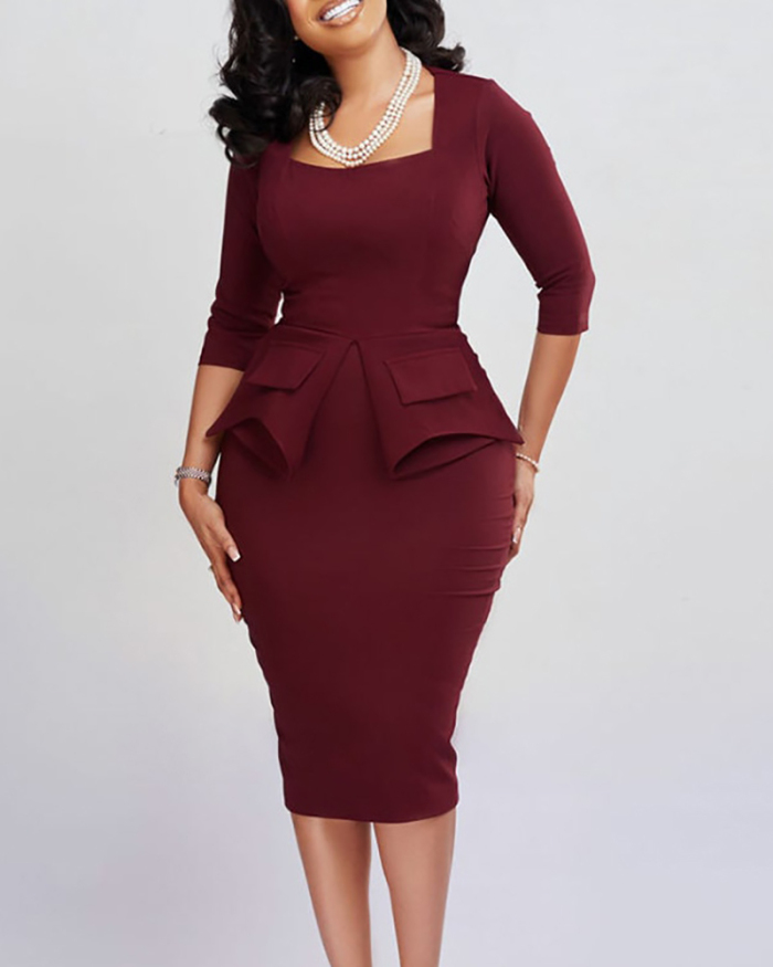 Elegant Women Solid Color Square Neck Long Sleeve Peplum Plus Size Dresses Wine Red Blue Rosy Green S-3XL