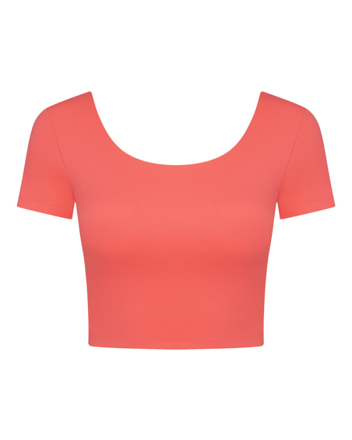 Women Back Ruched O-neck Short Sleeve Crop Top Sports T-shirt(with bra Pad) 4-12
