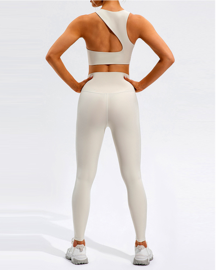 Women Back Hollow Out Fitness Sports Yoga Two-piece Sets Beige Black Brown S-XL