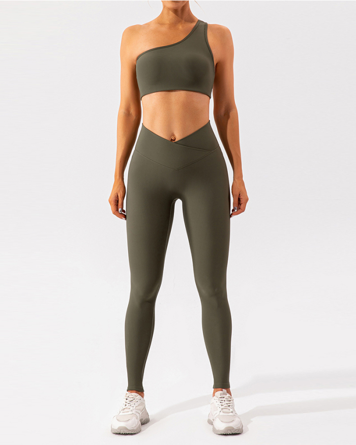 One Shoulder Breathable Quick Dry V Waist Legging Sets Yoga Two Pieces Sets (5 Colors) S-XL