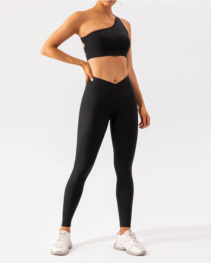 One Shoulder Breathable Quick Dry V Waist Legging Sets Yoga Two Pieces Sets (5 Colors) S-XL