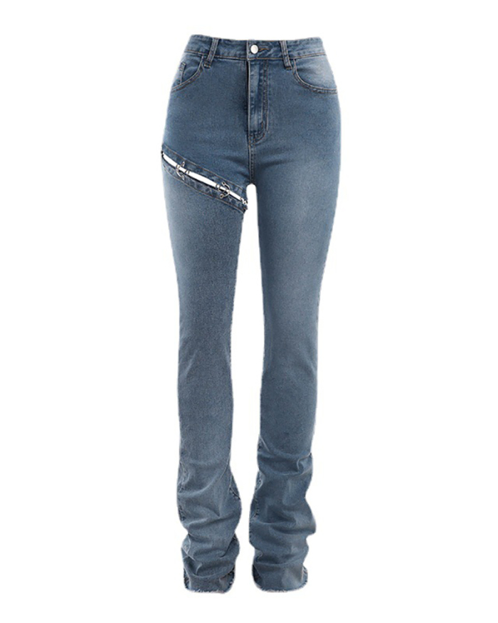 Fashion Detachable Leg High-waisted Straight-leg Slim Jeans Blue S-XL