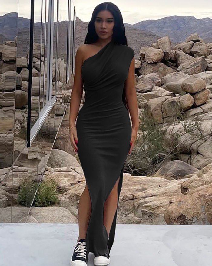 Women Slash Neck Bodycon Slit Maxi Dress Khaki Black Gray S-XL
