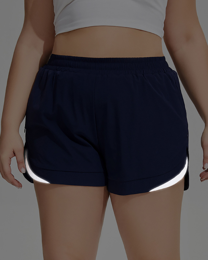Breathable Lined Side Pocket Reflective Plus Size Yoga Shorts Khaki Navy Blue Black XL-4XL