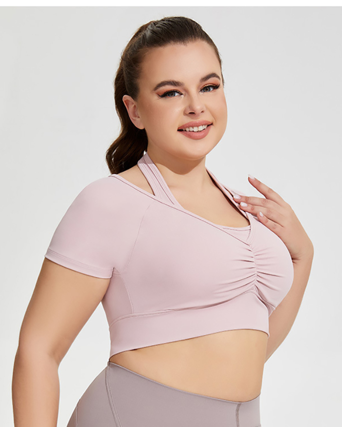 Woman Halter Neck Short Sleeve Plus Size Sports Bra Crop Top Pink Aprocit Black XL-4XL