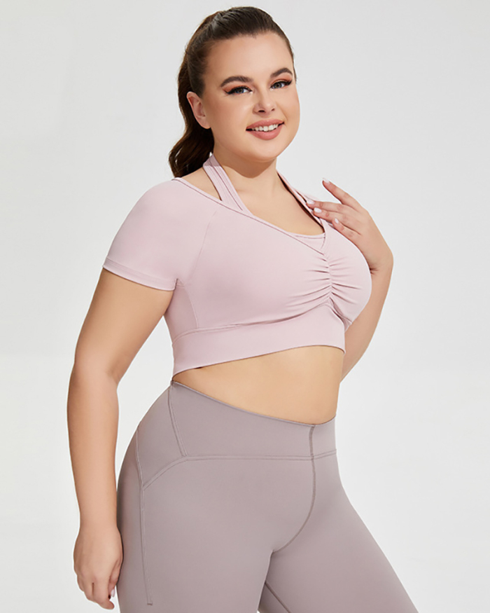 Woman Halter Neck Short Sleeve Plus Size Sports Bra Crop Top Pink Aprocit Black XL-4XL