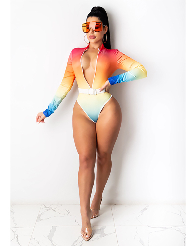Rainbow Women Printed Long Sleeve Women Swimsuit