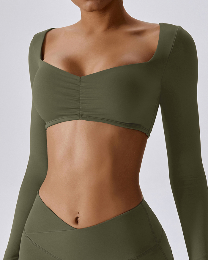 Fitness Square Neck Long Sleeve Crop Top Black Brown Green Purple S-XL 8-14