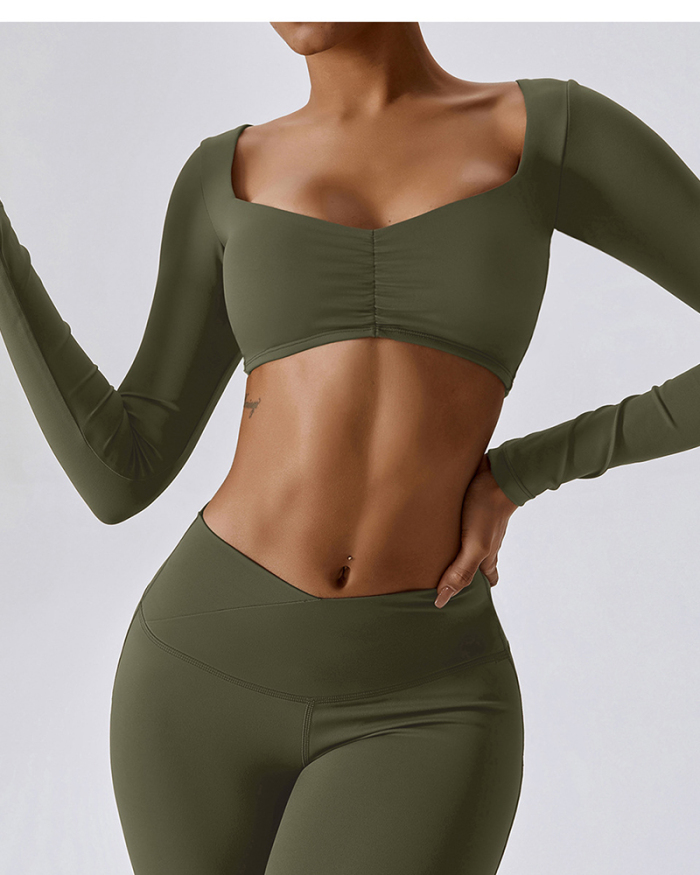 Fitness Square Neck Long Sleeve Crop Top Black Brown Green Purple S-XL 8-14