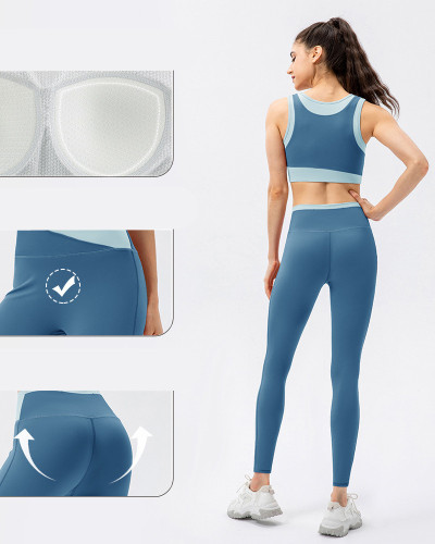 Women High Protect Colorblock High Waist Slim Leggings Sets Yoga Two Pieces Set Green Blue Red S-2XL