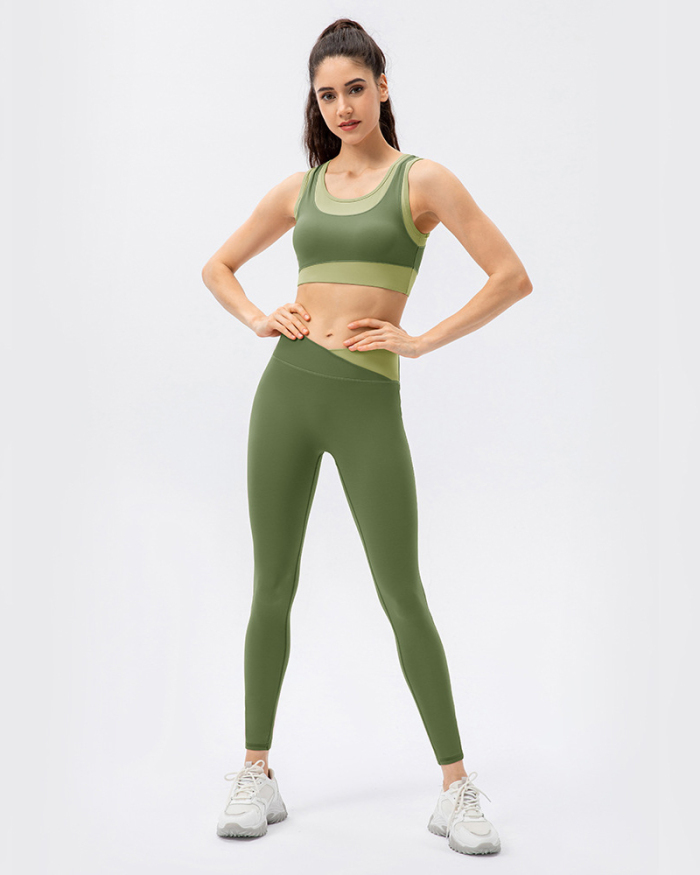 Women High Protect Colorblock High Waist Slim Leggings Sets Yoga Two Pieces Set Green Blue Red S-2XL