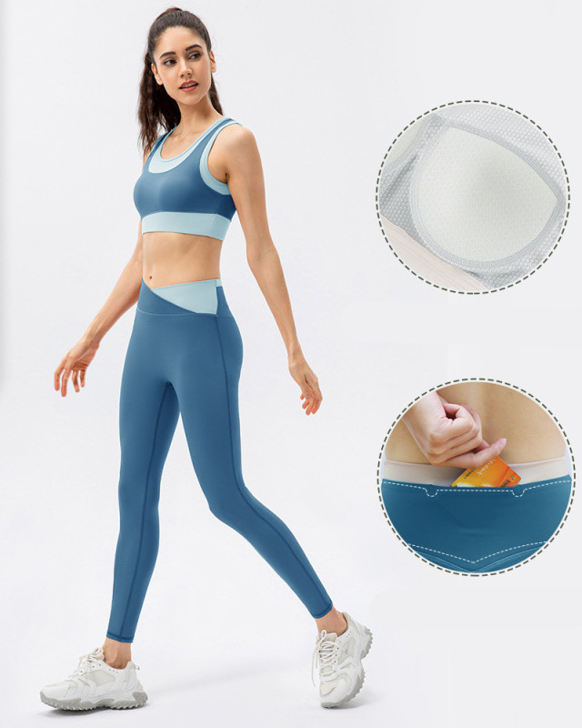Women High Protect Colorblock High Waist Slim Leggings Sets Yoga Two Pieces Set Green Blue Red S-2XL