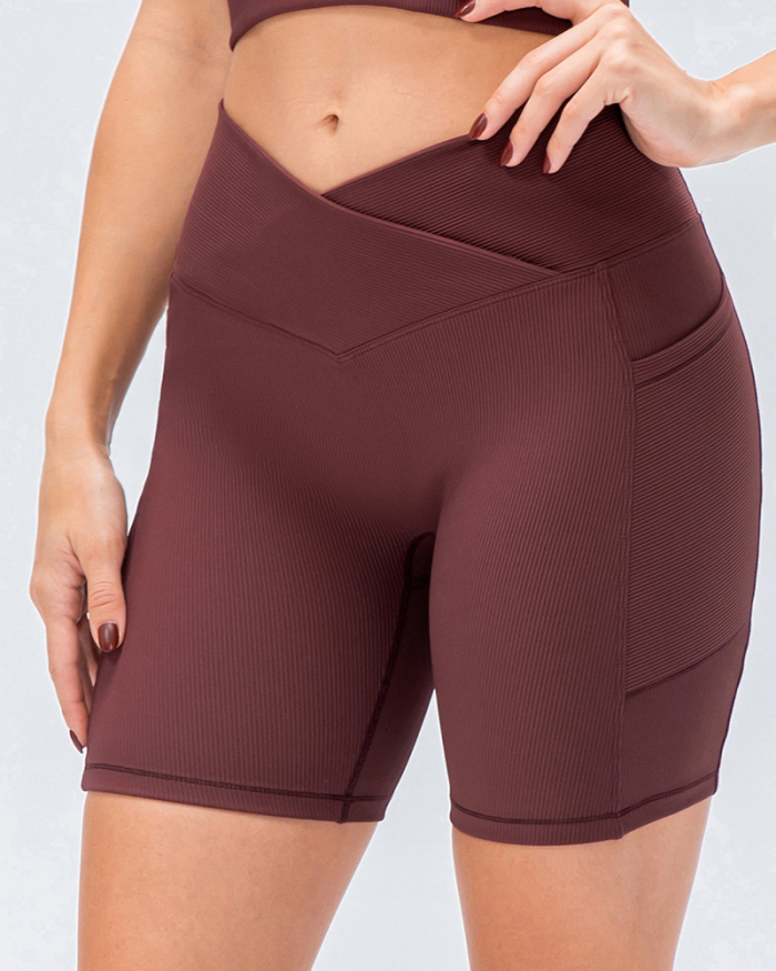 Women Wrap V Waist Sports Shorts with Side Pocket XS-2XL