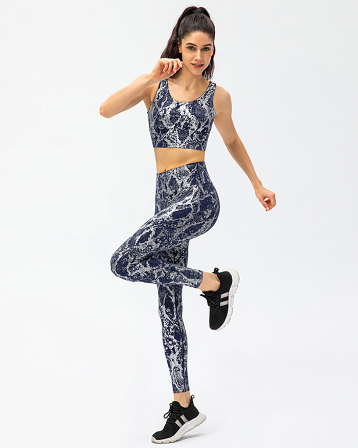 Hot Sale Women Snake Printed U Neck Bra Slim Tights Yoga Two-piece Sets Black White Deep Blue Brown S-2XL