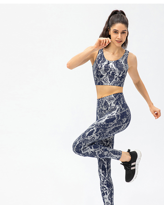 Hot Sale Women Snake Printed U Neck Bra Slim Tights Yoga Two-piece Sets Black White Deep Blue Brown S-2XL