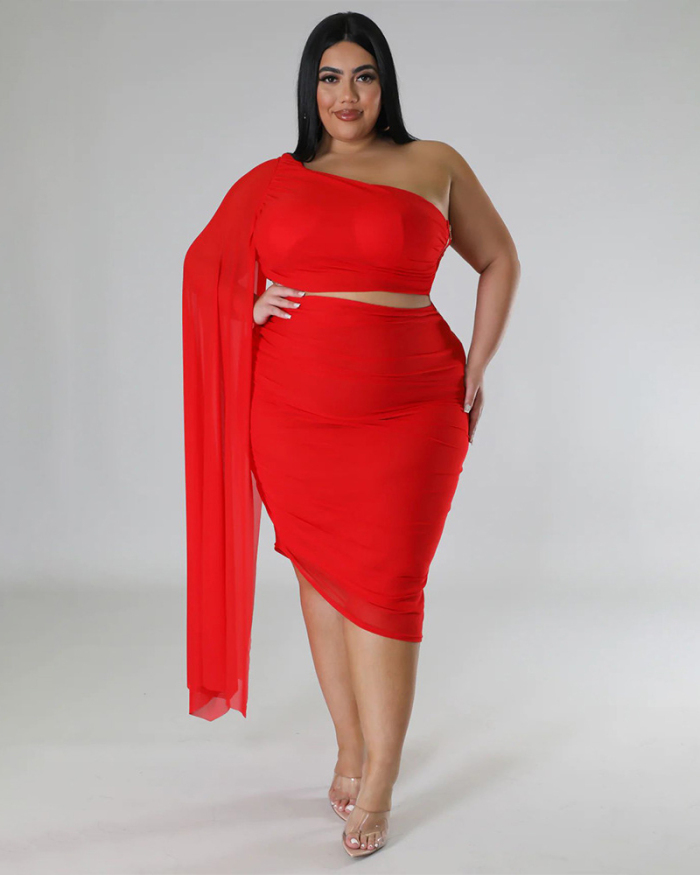 Women Slash Neck Ruched Mesh Sleeve  Plus Size Two Piece Sets Black White Red Blue L-4XL
