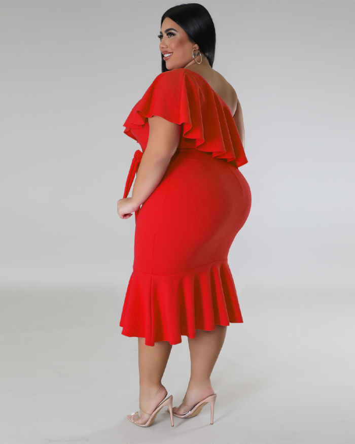 Women Slash Neck Ruffled Slim Midi Plus Size Dresses Rosy Black Green Red White L-4XL