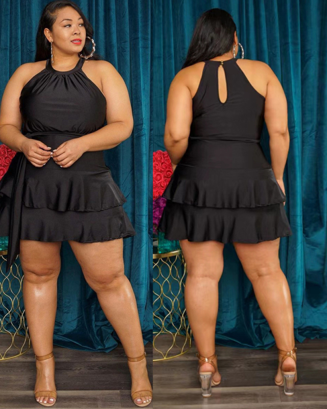 Sexy Halter Neck Sleeveless Women Ruffled Plus Size Dresses Black Blue L-4XL
