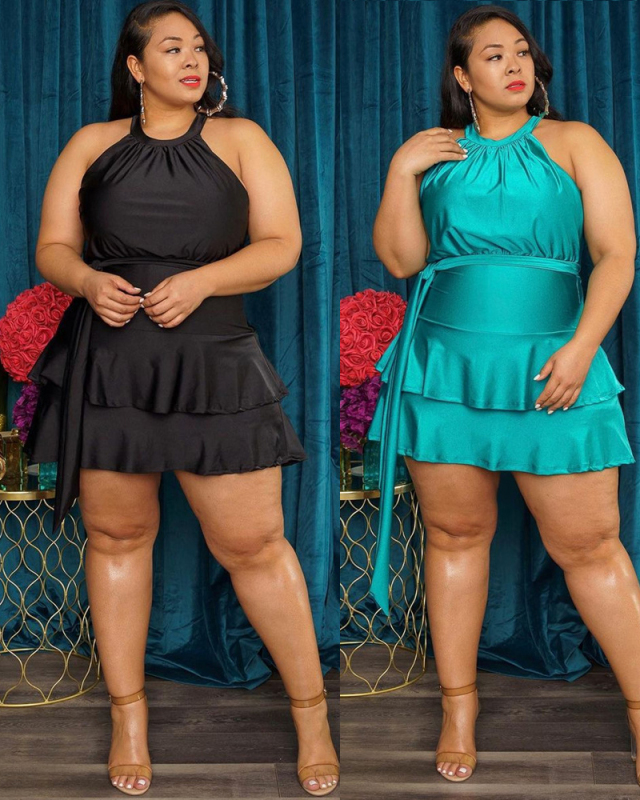 Sexy Halter Neck Sleeveless Women Ruffled Plus Size Dresses Black Blue L-4XL
