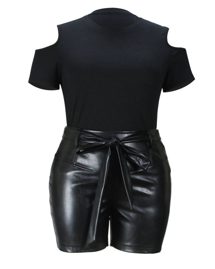 Women Fashion Short Sleeve Hollow Out Shoulder PU Shorts Sets Plus Size Two Piece Sets Black L-4XL
