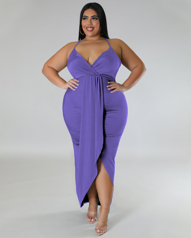 Elegant Women Sling Sleeveless V-neck Wrap Midi Dress Black Green Purple Red Blue Purple White,L-4XL