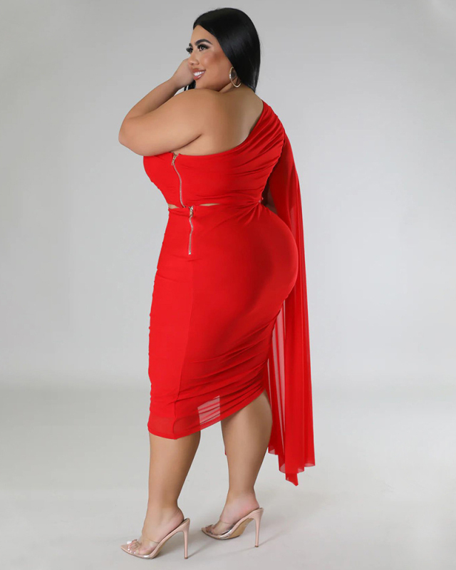 Women Slash Neck Ruched Mesh Sleeve  Plus Size Two Piece Sets Black White Red Blue L-4XL