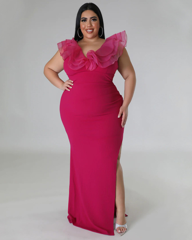 Women Mesh Shoulder V Neck Side Slit Sexy Maxi Dress Plus Size Evening Dress Black White Light Blue Green Red Blue Rosy Red L-4XL